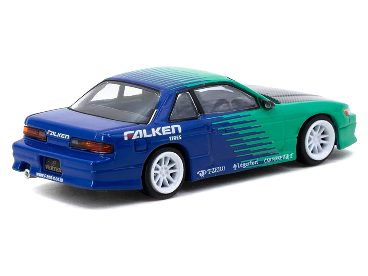 Nissan Silvia (S13) Vertex RHD (Right Hand Drive) "Falken Tires" Green and Blue wuth Carbon Hood "Global64" Series 1/64 Diecast Model by Tarmac Works LuxuryLifeWay Online Store