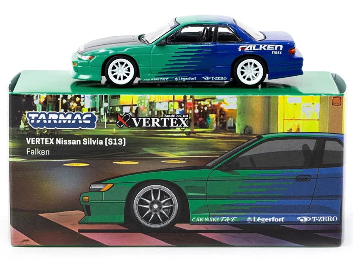 Nissan Silvia (S13) Vertex RHD (Right Hand Drive) "Falken Tires" Green and Blue wuth Carbon Hood "Global64" Series 1/64 Diecast Model by Tarmac Works LuxuryLifeWay Online Store