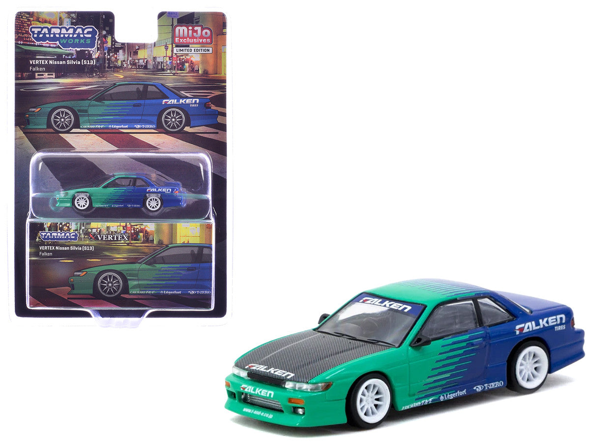 Nissan Silvia (S13) Vertex RHD (Right Hand Drive) "Falken Tires" Green and Blue wuth Carbon Hood "Global64" Series 1/64 Diecast Model by Tarmac Works LuxuryLifeWay Online Store