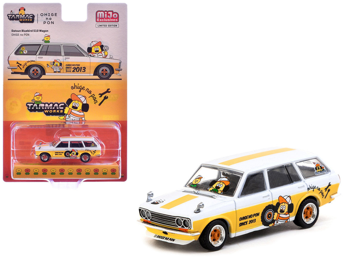 Datsun Bluebird 510 Wagon "Ohige no Pon" White with Orange Stripes and Graphics "Global64" Series 1/64 Diecast Model Car by Tarmac Works LuxuryLifeWay Online Store