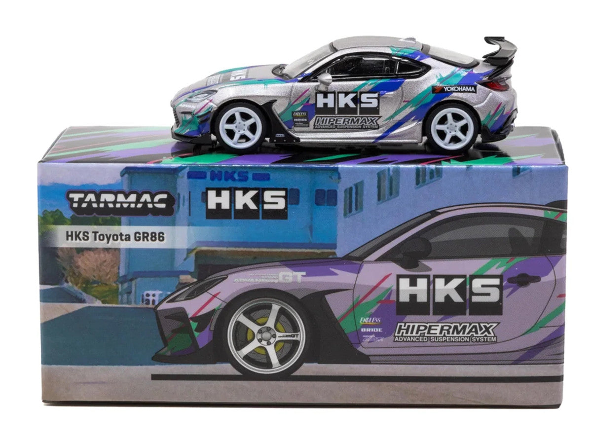 Toyota GR86 RHD (Right Hand Drive) "HKS" Gray Metallic with Graphics and Metal Oil Can Packaging "Global64" Series 1/64 Diecast Model Car by Tarmac Works LuxuryLifeWay Online Store
