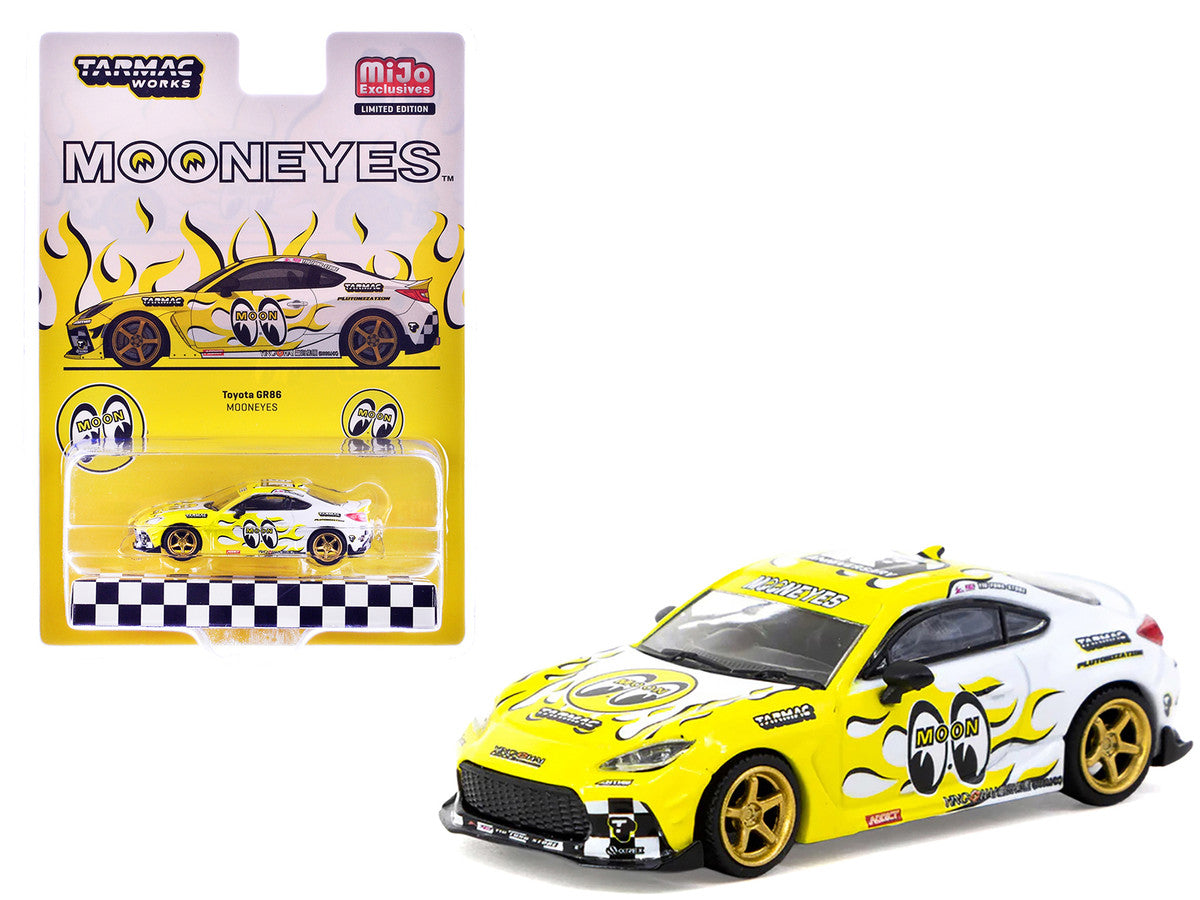 Toyota GR86 RHD (Right Hand Drive) "MoonEyes" White with Yellow Flames and Graphics "Global64" Series 1/64 Diecast Model by Tarmac Works LuxuryLifeWay Online Store