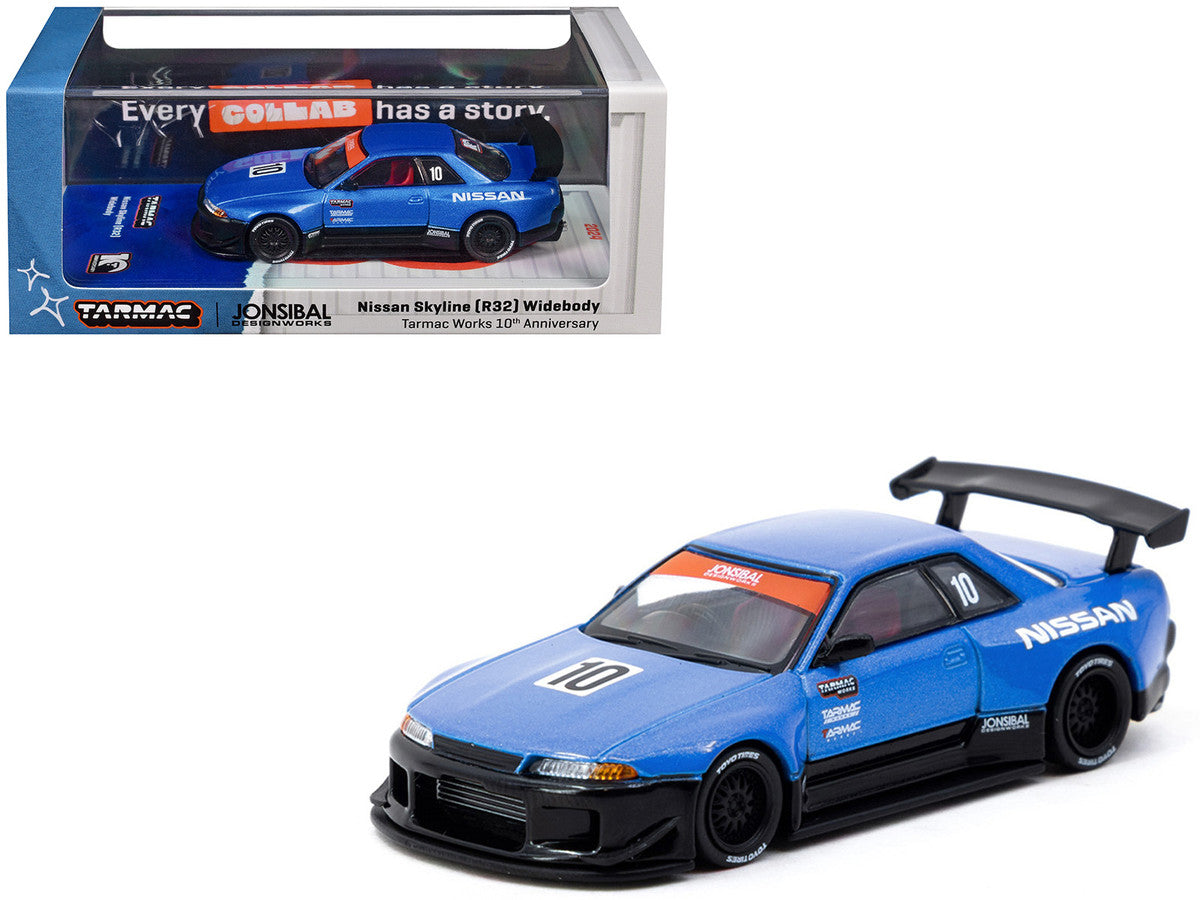 Nissan Skyline (R32) Widebody RHD (Right Hand Drive) #10 "Tarmac Works 10th Anniversary" Blue Metallic "Global64" 1/64 Diecast Model Car by Tarmac Works LuxuryLifeWay Online Store