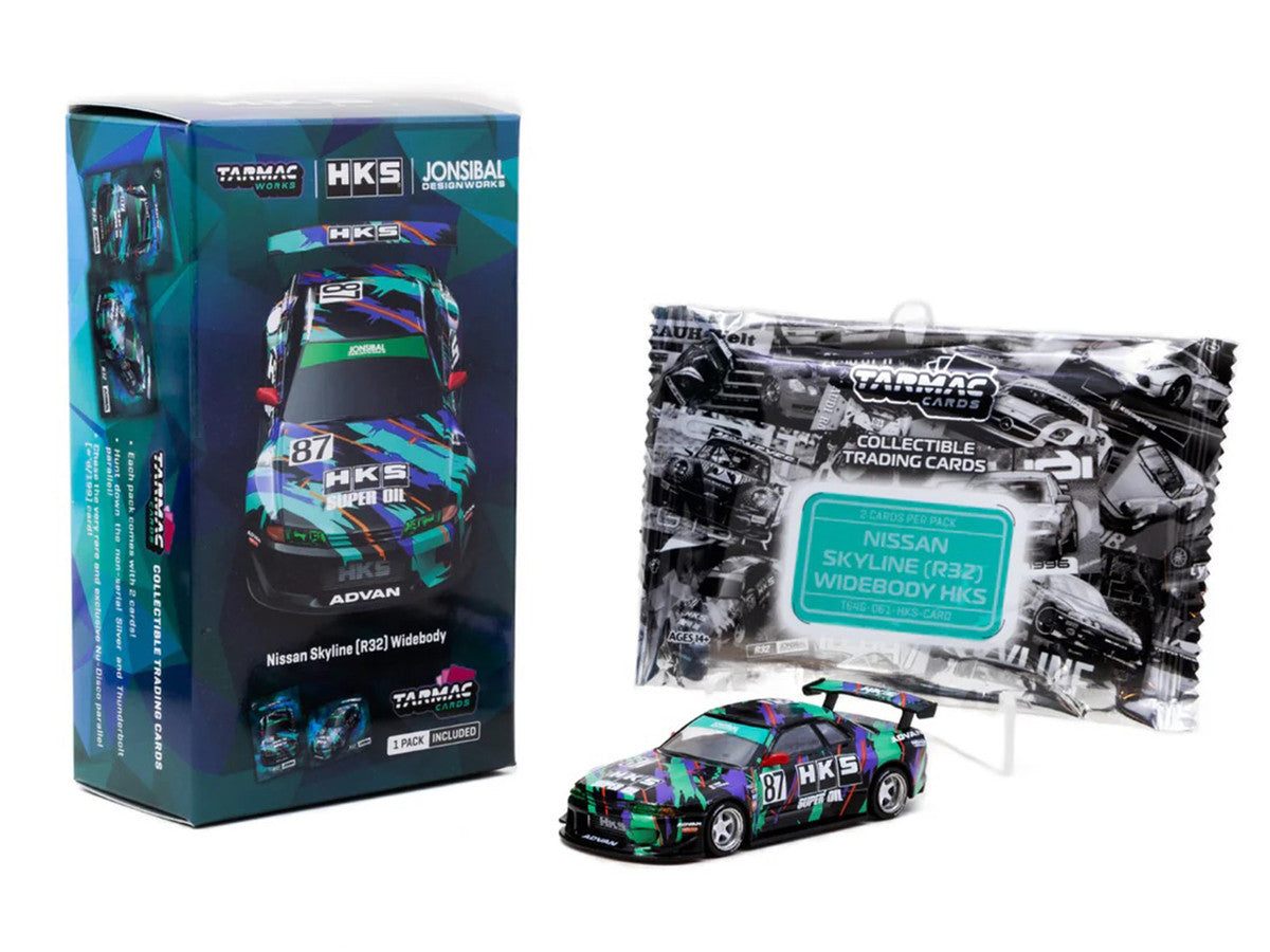 Nissan Skyline (R32) Widebody RHD (Right Hand Drive) #87 "HKS - Designed by Jon Sibal" Black with Graphics with Tarmac Cards "Global64" Series 1/64 Diecast Model Car by Tarmac Works LuxuryLifeWay Online Store
