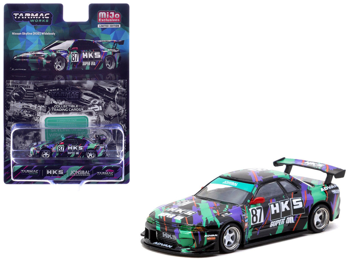 Nissan Skyline (R32) Widebody RHD (Right Hand Drive) #87 "HKS - Designed by Jon Sibal" Black with Graphics with Tarmac Cards "Global64" Series 1/64 Diecast Model Car by Tarmac Works LuxuryLifeWay Online Store