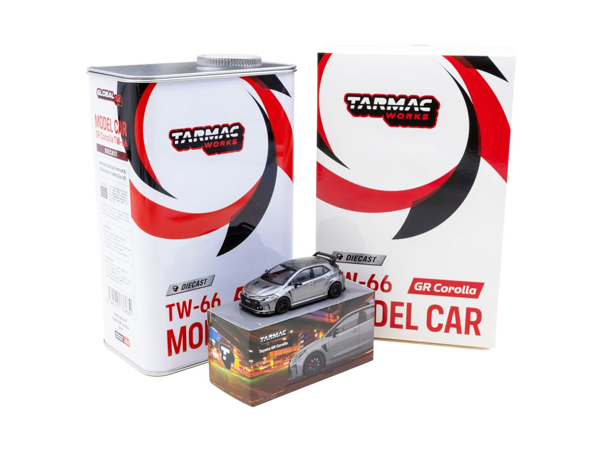 Toyota GR Corolla RHD (Right Hand Drive) Gray Metallic with Metal Oil Can Packaging "Global64" Series 1/64 Diecast Model Car by Tarmac Works LuxuryLifeWay Online Store