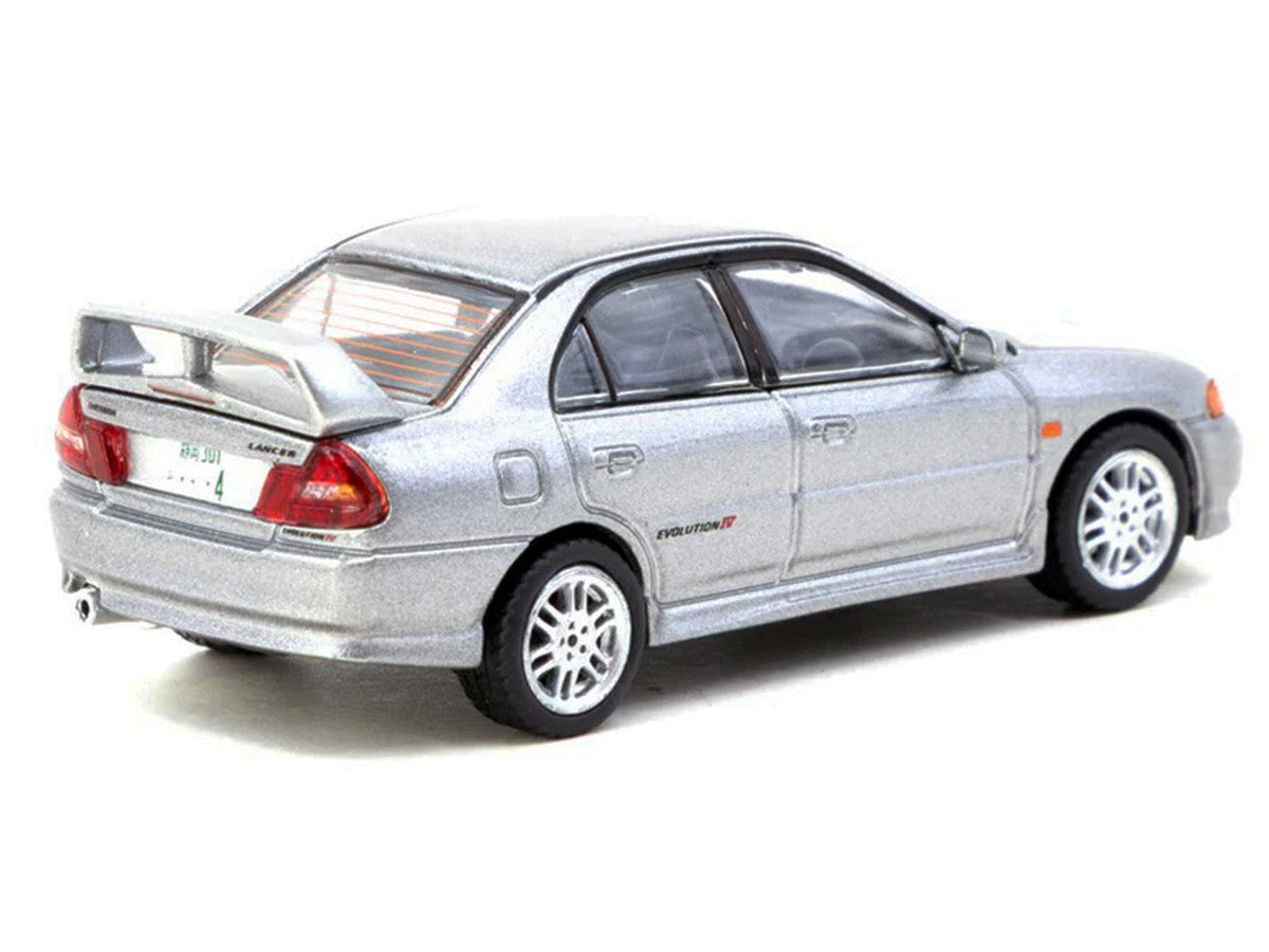 Mitsubishi Lancer Evolution IV Silver Metallic with Tarmac Cards "Global64" Series 1/64 Diecast Model by Tarmac Works LuxuryLifeWay Online Store