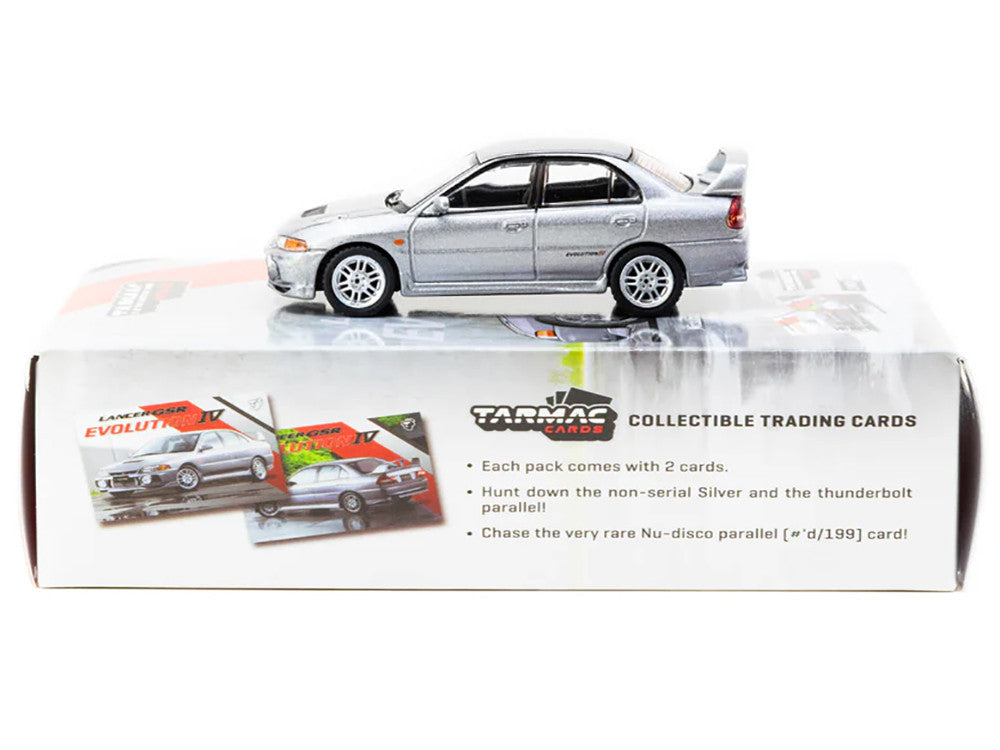 Mitsubishi Lancer Evolution IV Silver Metallic with Tarmac Cards "Global64" Series 1/64 Diecast Model by Tarmac Works LuxuryLifeWay Online Store