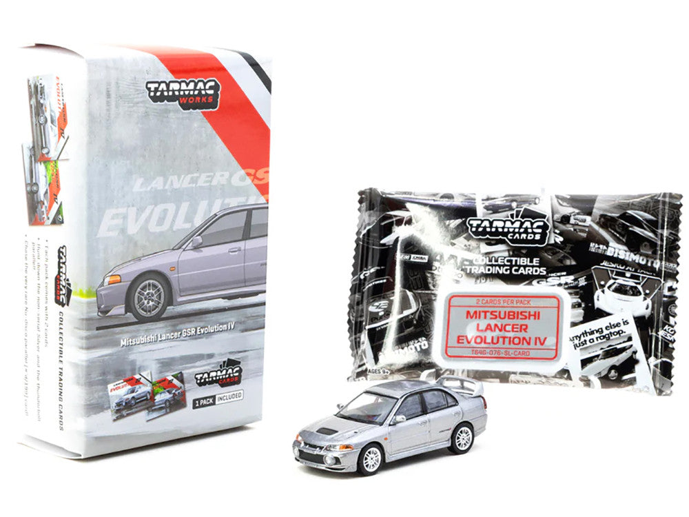 Mitsubishi Lancer Evolution IV Silver Metallic with Tarmac Cards "Global64" Series 1/64 Diecast Model by Tarmac Works LuxuryLifeWay Online Store