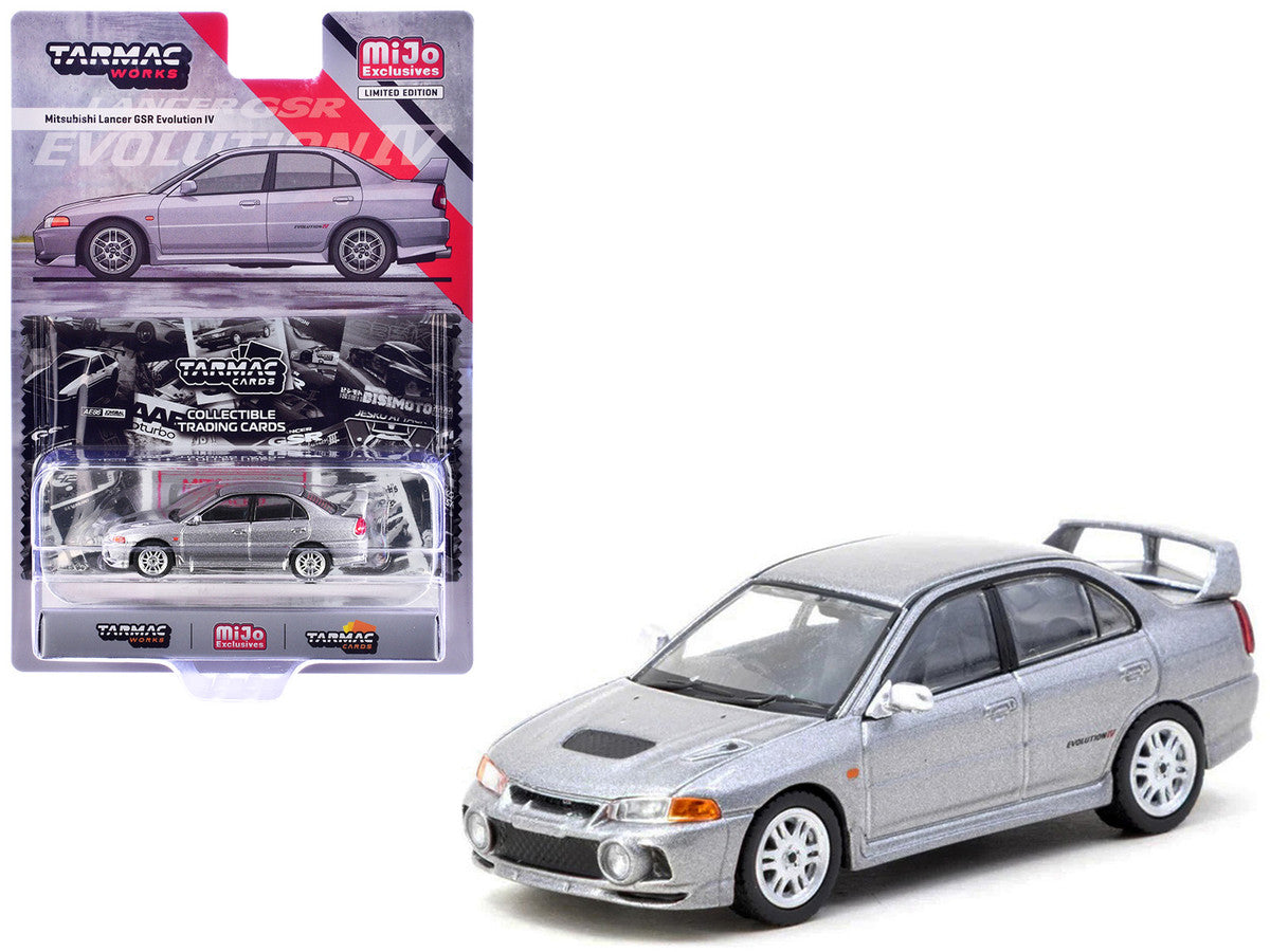 Mitsubishi Lancer Evolution IV Silver Metallic with Tarmac Cards "Global64" Series 1/64 Diecast Model by Tarmac Works LuxuryLifeWay Online Store