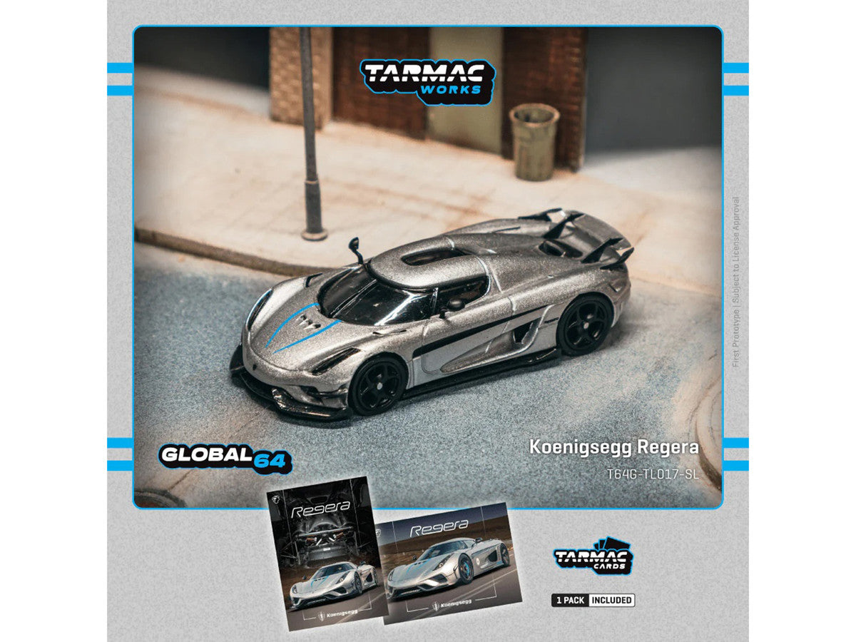 Koenigsegg Regera Silver Metallic with Blue Accents and Collectible Tarmac Cards "Global64" Series 1/64 Diecast Model Car by Tarmac Works LuxuryLifeWay Online Store