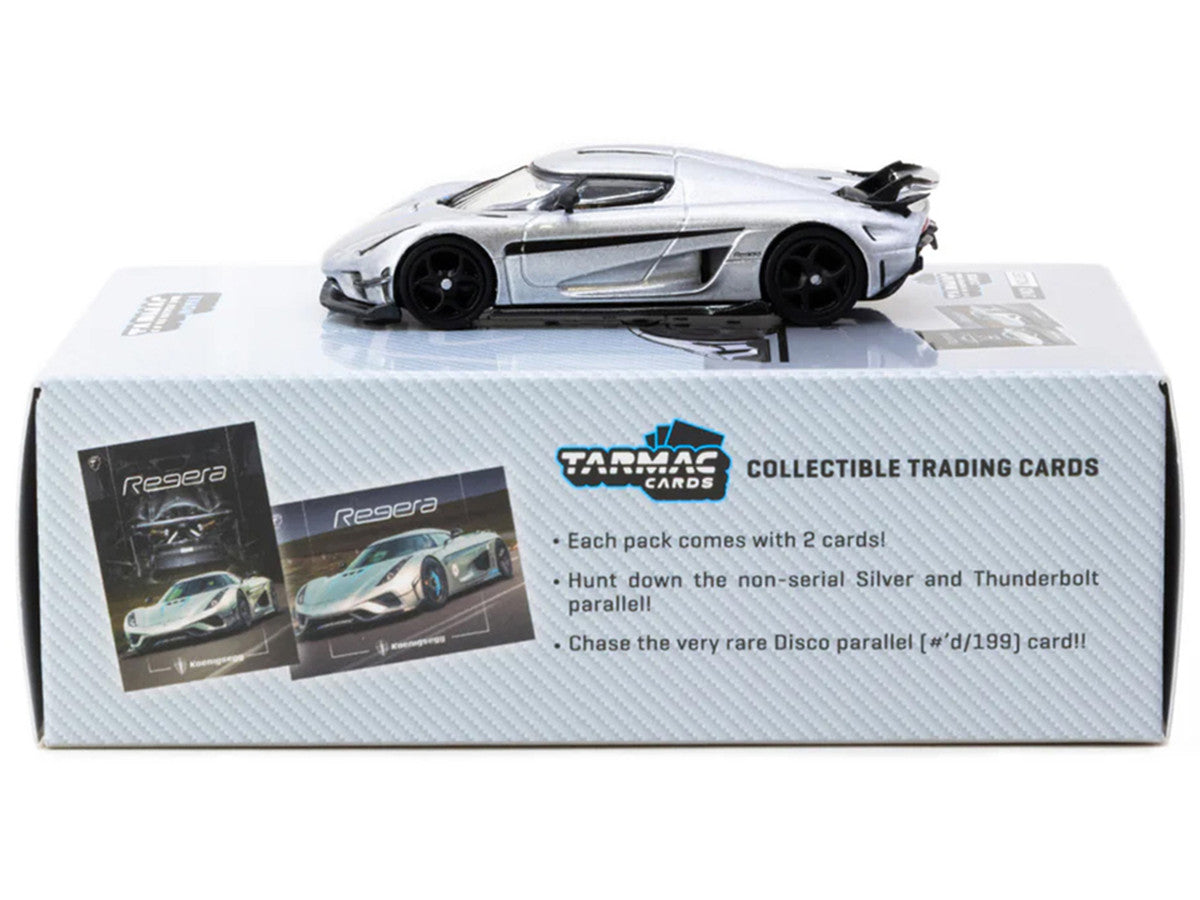 Koenigsegg Regera Silver Metallic with Blue Accents and Collectible Tarmac Cards "Global64" Series 1/64 Diecast Model Car by Tarmac Works LuxuryLifeWay Online Store