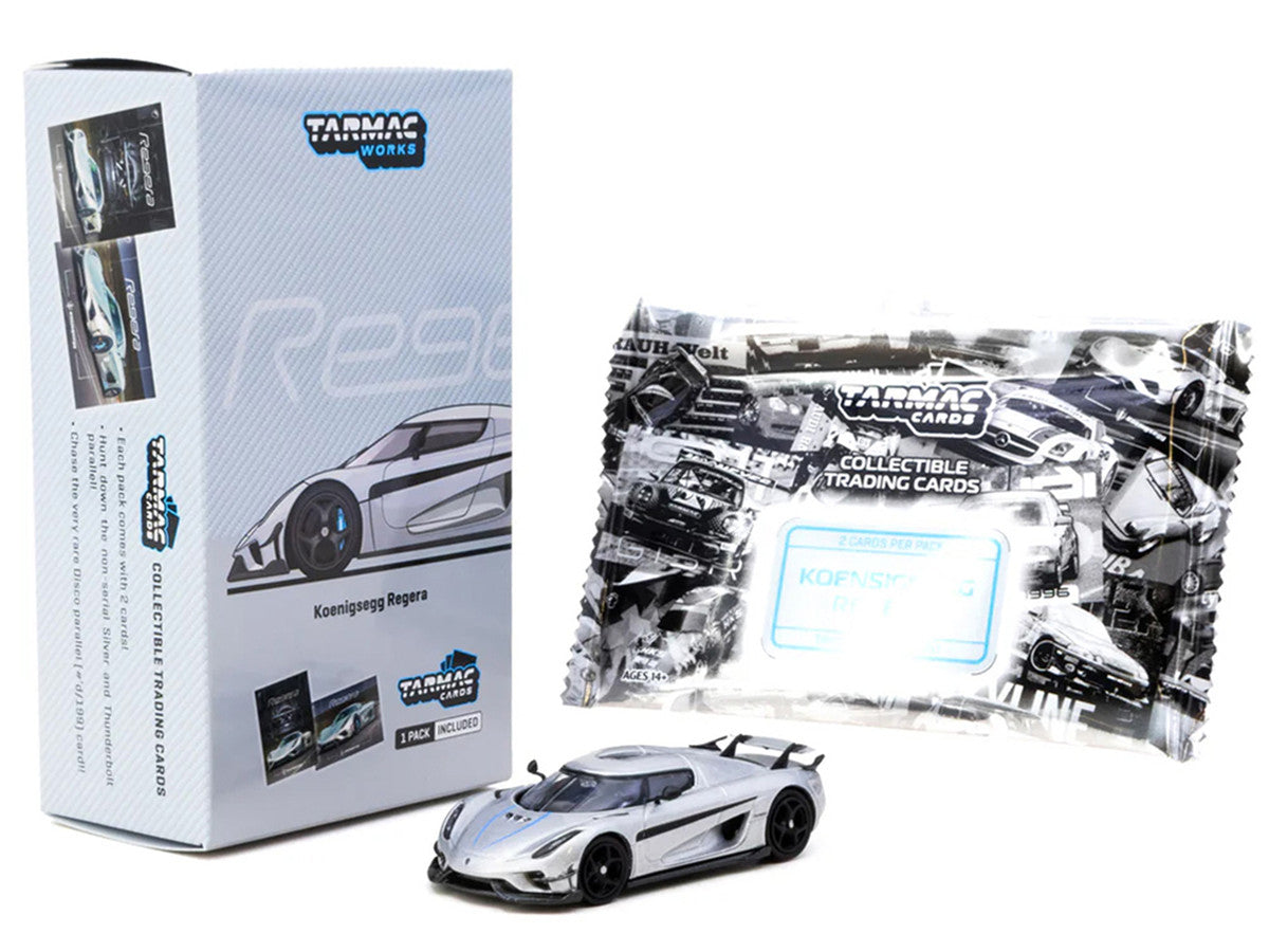 Koenigsegg Regera Silver Metallic with Blue Accents and Collectible Tarmac Cards "Global64" Series 1/64 Diecast Model Car by Tarmac Works LuxuryLifeWay Online Store