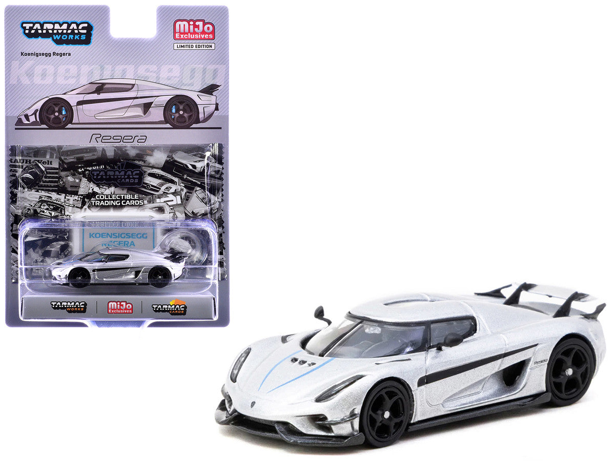 Koenigsegg Regera Silver Metallic with Blue Accents and Collectible Tarmac Cards "Global64" Series 1/64 Diecast Model Car by Tarmac Works LuxuryLifeWay Online Store