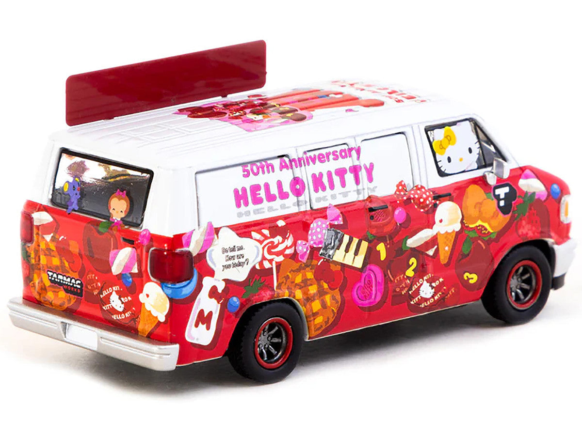 Dodge Van "Hello Kitty Food Truck" White and Red with Graphics "Global64" Series 1/64 Diecast Model by Tarmac Works LuxuryLifeWay Online Store