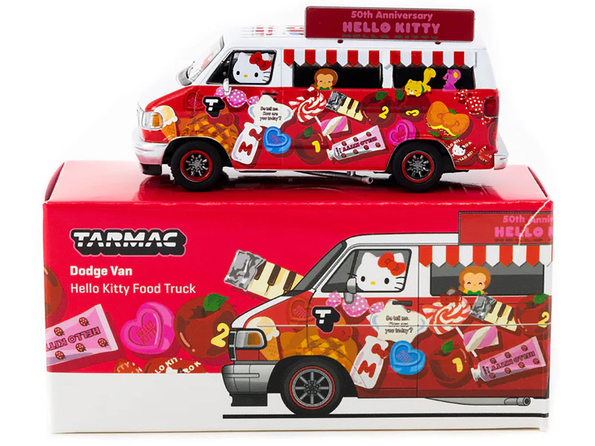 Dodge Van "Hello Kitty Food Truck" White and Red with Graphics "Global64" Series 1/64 Diecast Model by Tarmac Works LuxuryLifeWay Online Store