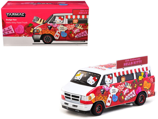 Dodge Van "Hello Kitty Food Truck" White and Red with Graphics "Global64" Series 1/64 Diecast Model by Tarmac Works LuxuryLifeWay Online Store