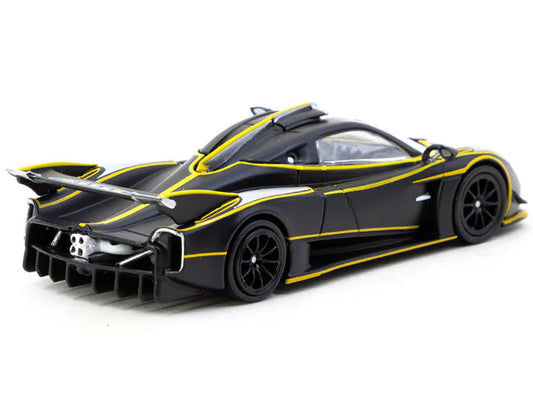 Pagani Huayra R Matt Black with Silver Accents and Yellow Stripes "Global64" Series 1/64 Diecast Model by Tarmac Works LuxuryLifeWay Online Store