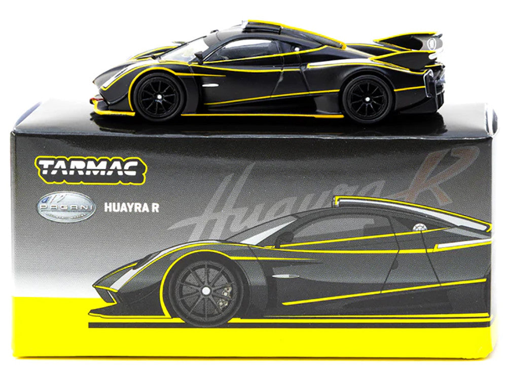 Pagani Huayra R Matt Black with Silver Accents and Yellow Stripes "Global64" Series 1/64 Diecast Model by Tarmac Works LuxuryLifeWay Online Store
