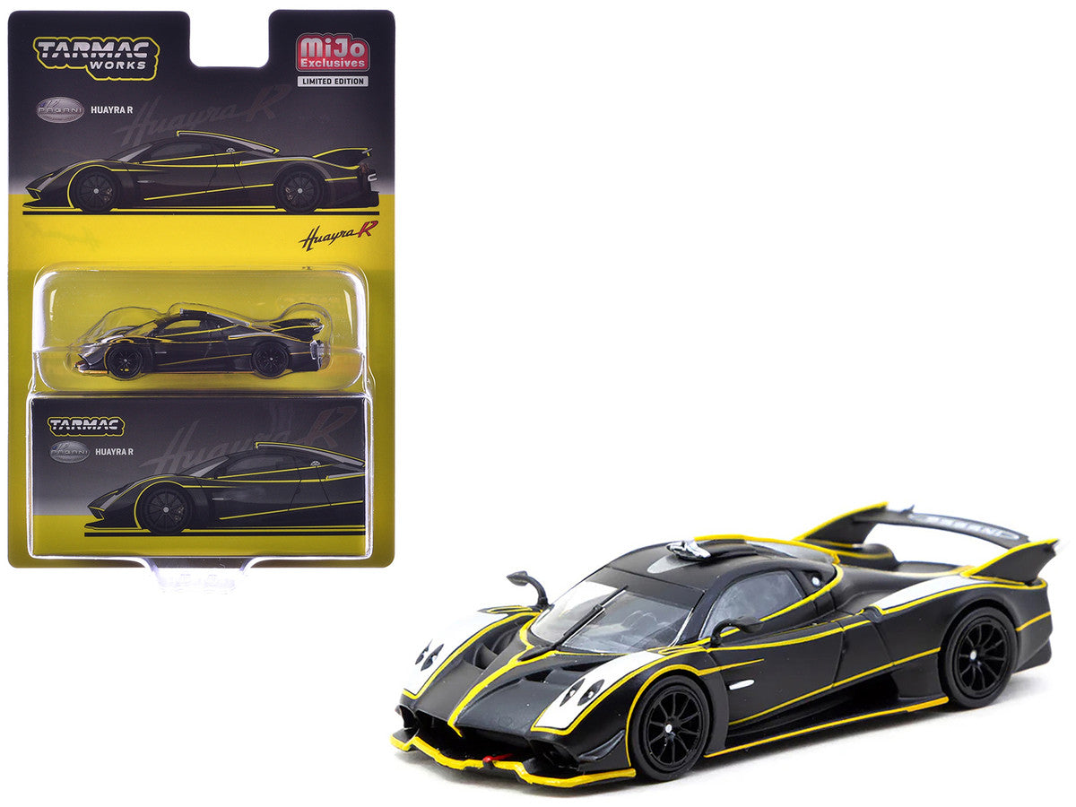 Pagani Huayra R Matt Black with Silver Accents and Yellow Stripes "Global64" Series 1/64 Diecast Model by Tarmac Works LuxuryLifeWay Online Store