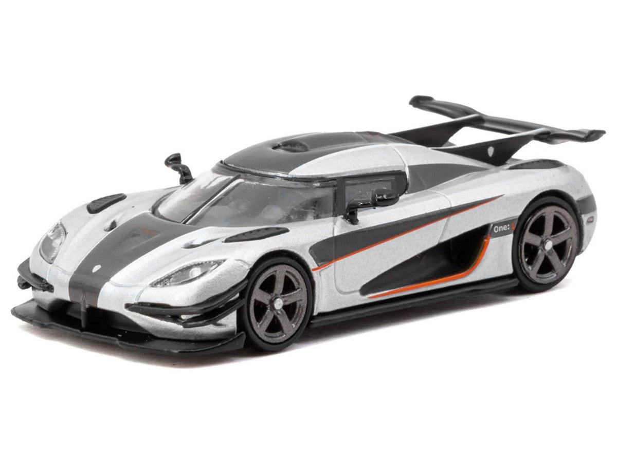 Koenigsegg One:1 Silver Metallic with Black Stripes "Global64" Series 1/64 Diecast Model Car by Tarmac Works LuxuryLifeWay Online Store