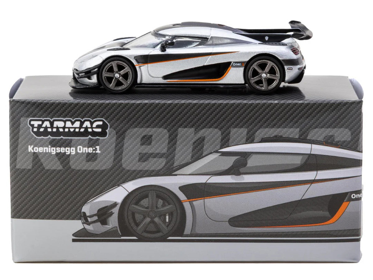 Koenigsegg One:1 Silver Metallic with Black Stripes "Global64" Series 1/64 Diecast Model Car by Tarmac Works LuxuryLifeWay Online Store