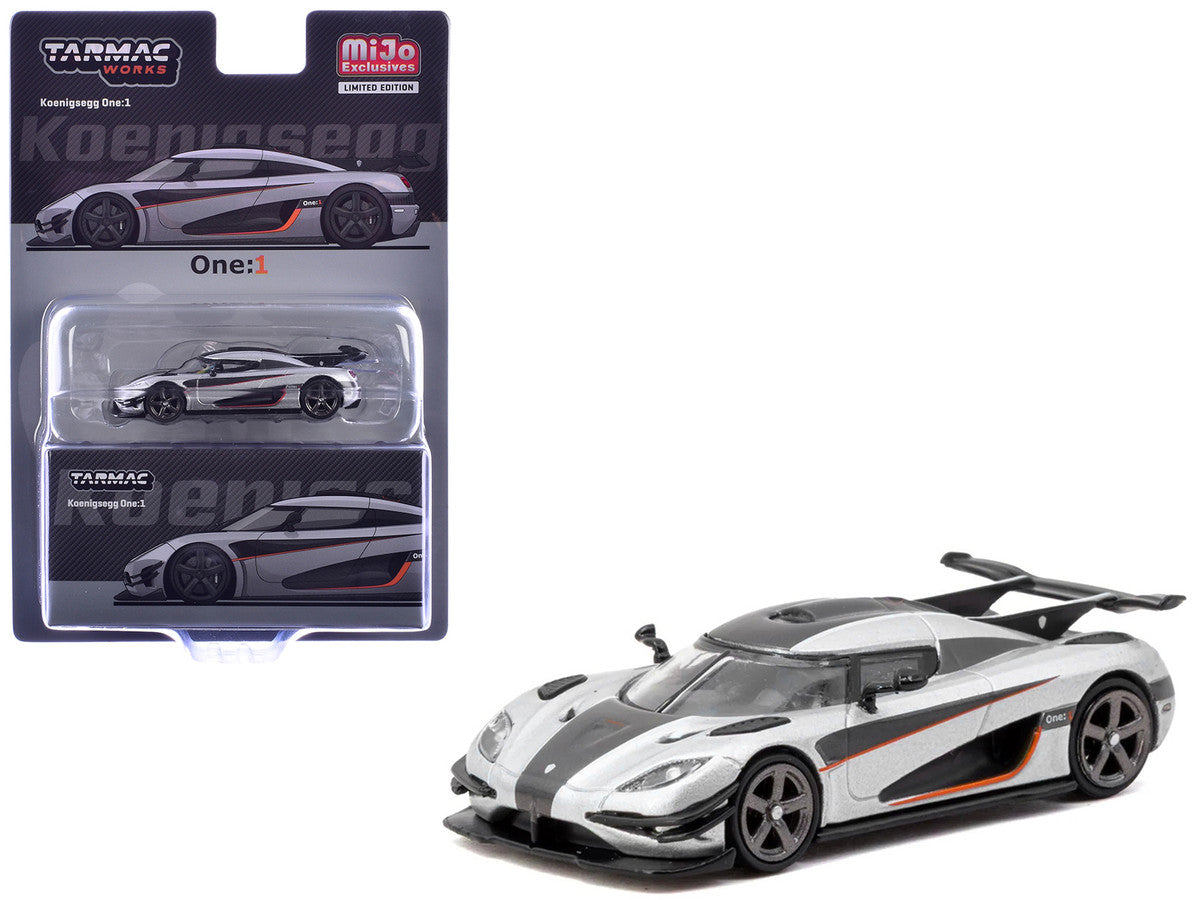 Koenigsegg One:1 Silver Metallic with Black Stripes "Global64" Series 1/64 Diecast Model Car by Tarmac Works LuxuryLifeWay Online Store