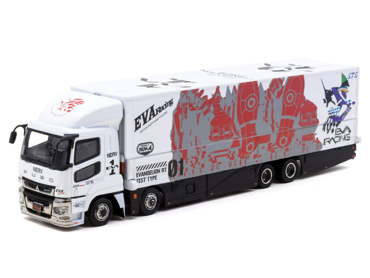 Mitsubishi Fuso Super Great Truck with Transporter "EVA Racing" White with Graphics "Truck64" Series 1/64 Diecast Model Car by Tarmac Works LuxuryLifeWay Online Store