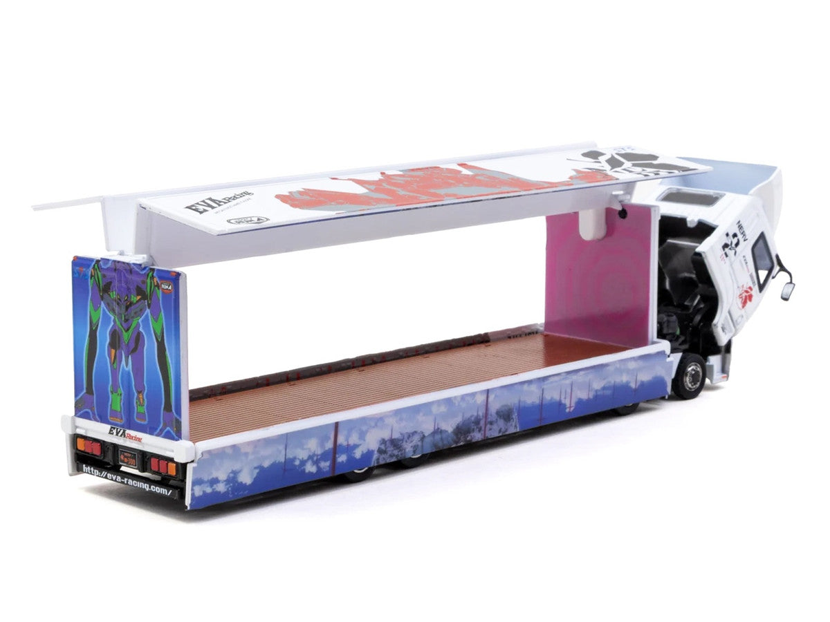 Mitsubishi Fuso Super Great Truck with Transporter "EVA Racing" White with Graphics "Truck64" Series 1/64 Diecast Model Car by Tarmac Works LuxuryLifeWay Online Store