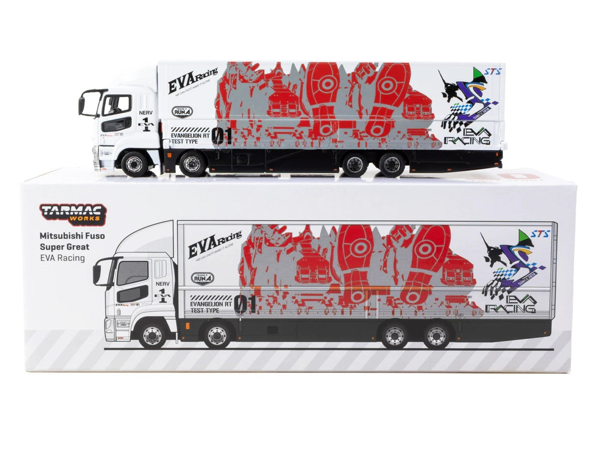 Mitsubishi Fuso Super Great Truck with Transporter "EVA Racing" White with Graphics "Truck64" Series 1/64 Diecast Model Car by Tarmac Works LuxuryLifeWay Online Store