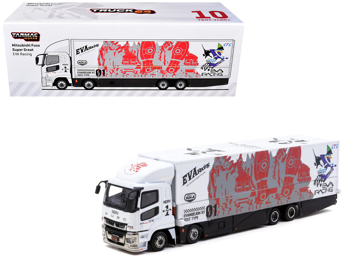Mitsubishi Fuso Super Great Truck with Transporter "EVA Racing" White with Graphics "Truck64" Series 1/64 Diecast Model Car by Tarmac Works LuxuryLifeWay Online Store