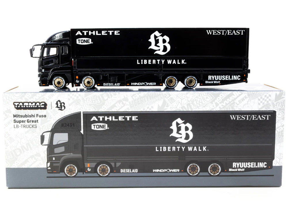 Mitsubishi Fuso Super Great Truck RHD (Right Hand Drive) with Transporter "Liberty Walk" Black "Truck64" Series 1/64 Diecast Model Car by Tarmac Works LuxuryLifeWay Online Store