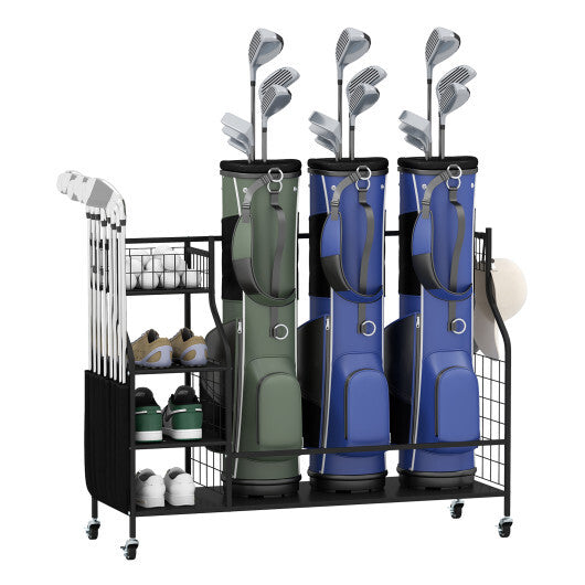 Golf Bag Organizer 3 Golf Bag Stand with Lockable Wheels and Hooks-Black LuxuryLifeWay Online Store