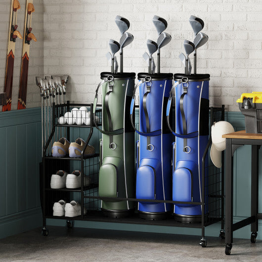 Golf Bag Organizer 3 Golf Bag Stand with Lockable Wheels and Hooks-Black LuxuryLifeWay Online Store