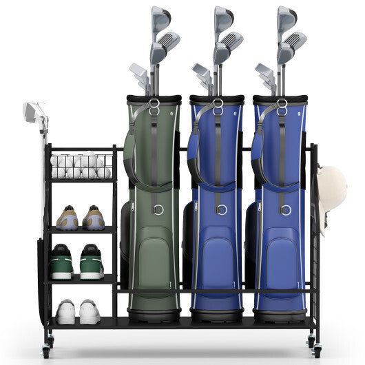 Golf Bag Organizer 3 Golf Bag Stand with Lockable Wheels and Hooks-Black LuxuryLifeWay Online Store