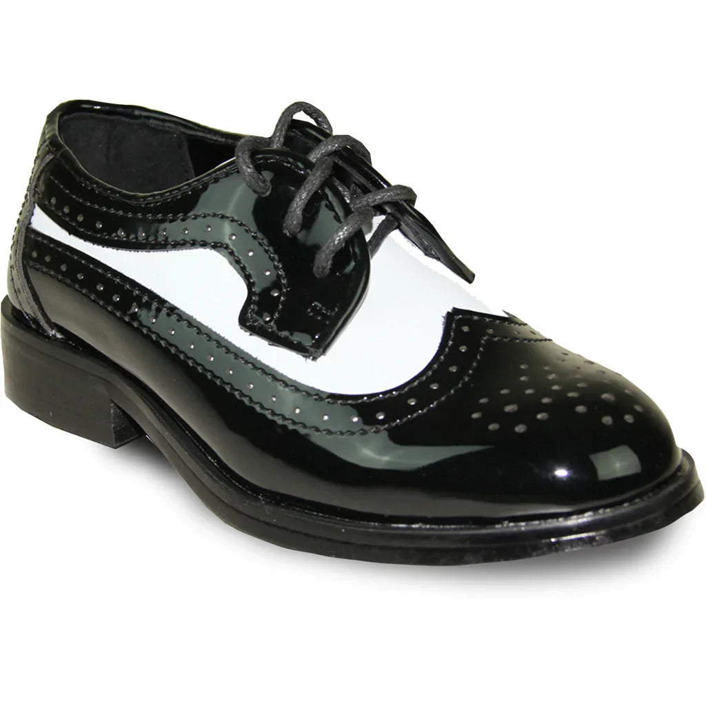 VANGELO Boy Dress Shoe TAB-3KID Oxford Formal Tuxedo for Prom & Wedding Black/White Patent Two Tone LuxuryLifeWay Online Store