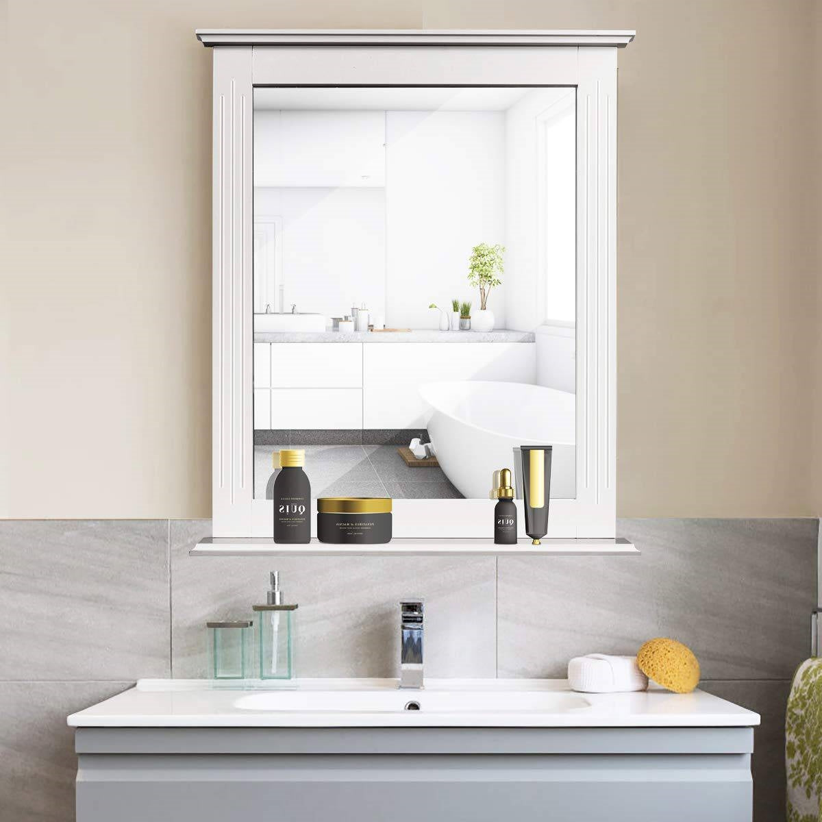 White Rectangle Bedroom Bathroom Vanity Wall Mirror with Bottom Shelf LuxuryLifeWay Online Store