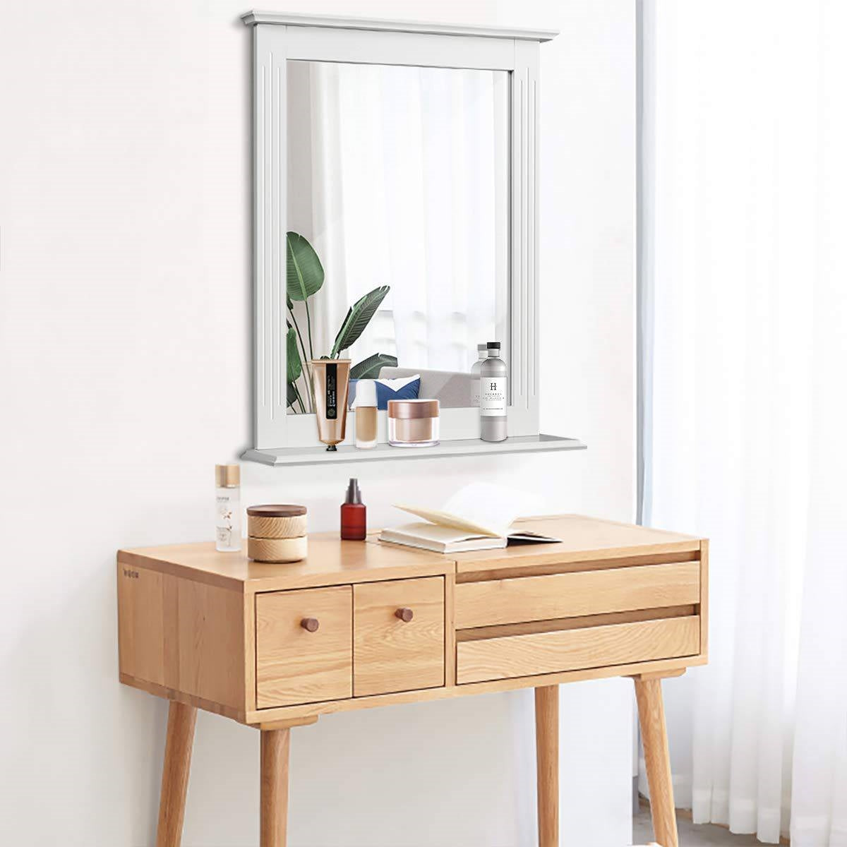 White Rectangle Bedroom Bathroom Vanity Wall Mirror with Bottom Shelf LuxuryLifeWay Online Store