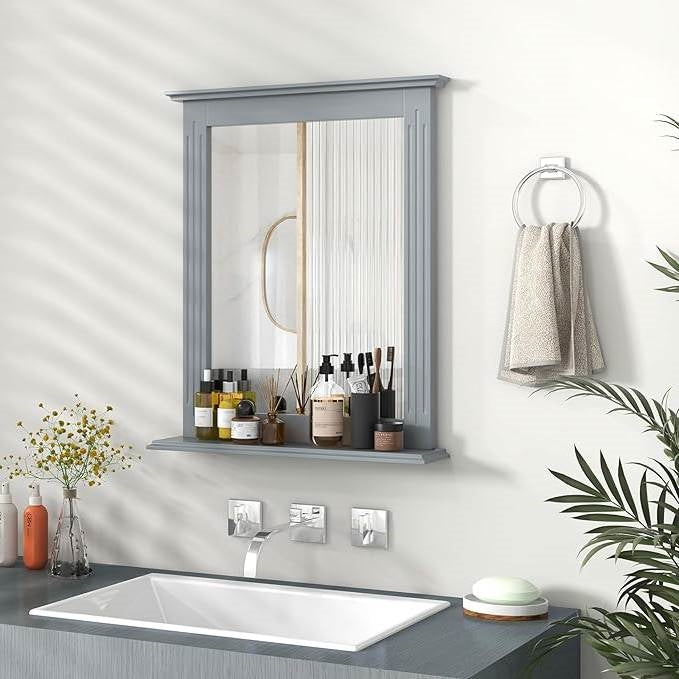 27-in x 22.5-in Bathroom Wall Mirror with Shelf in Gray Wood Finish LuxuryLifeWay Online Store