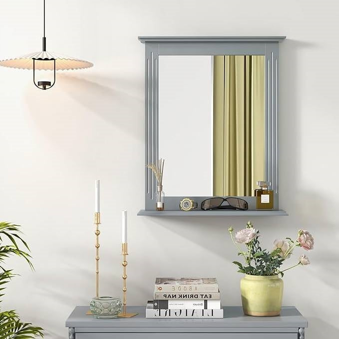 27-in x 22.5-in Bathroom Wall Mirror with Shelf in Gray Wood Finish LuxuryLifeWay Online Store