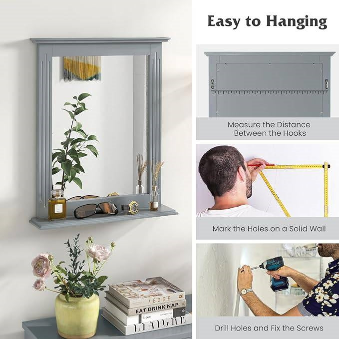 27-in x 22.5-in Bathroom Wall Mirror with Shelf in Gray Wood Finish LuxuryLifeWay Online Store