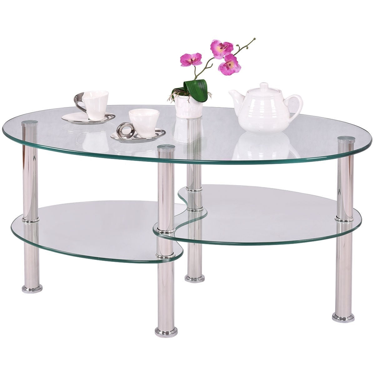 Modern Oval Tempered Glass Coffee Table with Bottom Shelf LuxuryLifeWay Online Store