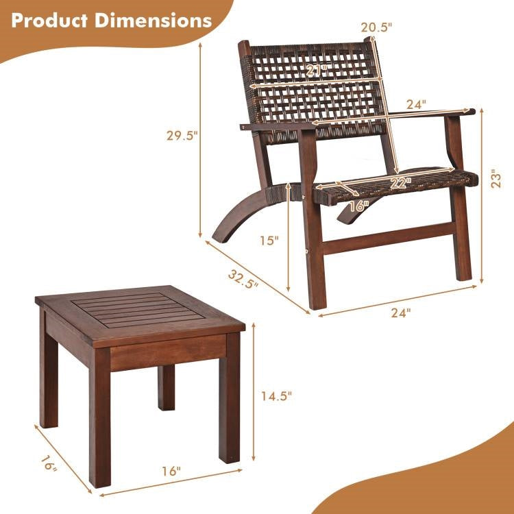 3 Piece Wooden Rattan Outdoor Patio Furniture Chair Table Bistro Set LuxuryLifeWay Online Store