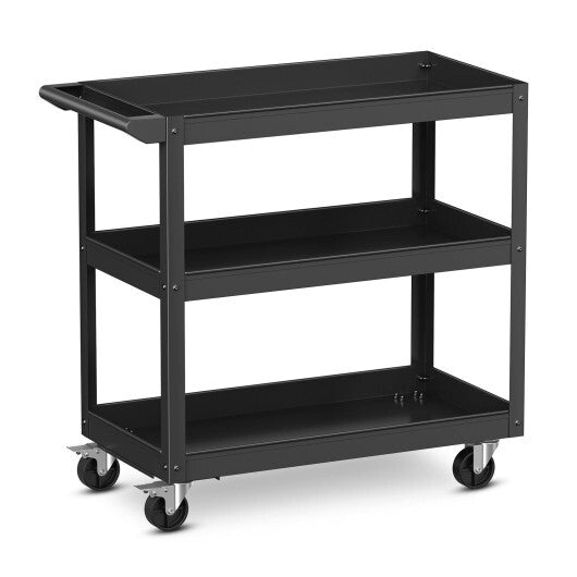 3-Tier Metal Utility Cart Trolley Tool with Flat Handle and 2 Lockable Universal Wheels-Black LuxuryLifeWay Online Store