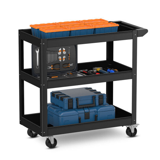3-Tier Metal Utility Cart Trolley Tool with Flat Handle and 2 Lockable Universal Wheels-Black LuxuryLifeWay Online Store
