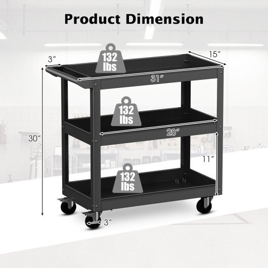 3-Tier Metal Utility Cart Trolley Tool with Flat Handle and 2 Lockable Universal Wheels-Black LuxuryLifeWay Online Store