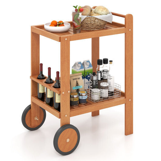 2 Tier Rolling Serving Cart with Wine Bottle Holders and 2 Rubber Wheels LuxuryLifeWay Online Store