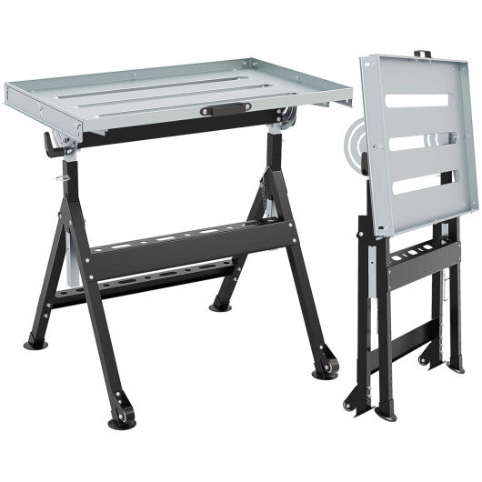 Folding Welding Table Welding Workbench with 2 Fixed Wheels 4-Level Height-Black LuxuryLifeWay Online Store