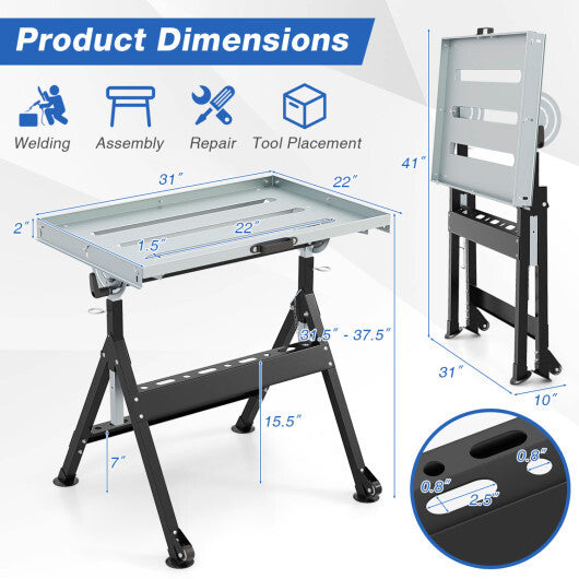 Folding Welding Table Welding Workbench with 2 Fixed Wheels 4-Level Height-Black LuxuryLifeWay Online Store