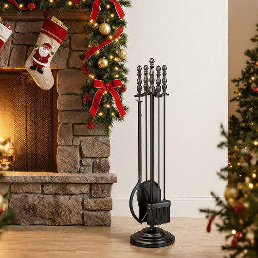 5-Pieces Fireplace Tool Set with Poker Tongs Brush Shovel and Round Stand LuxuryLifeWay Online Store